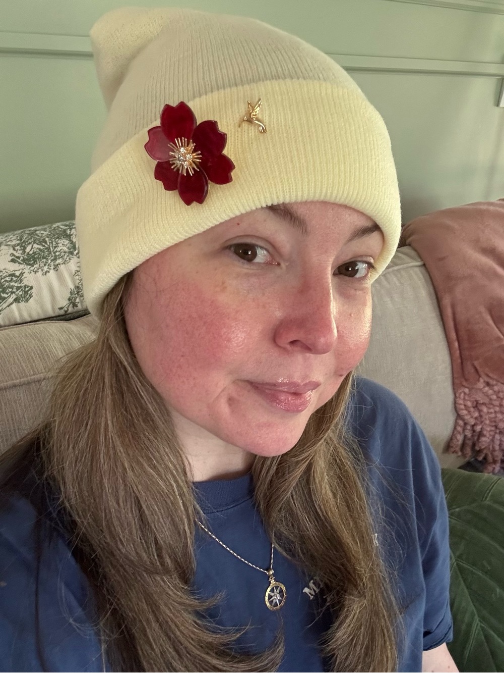 Cream Knit Beanie with Red Floral Pin - Women Accessories